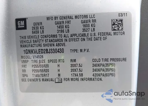 2011 Chevrolet Traverse Ltz from USA, damaged, VIN 1GNKVLED2BJ330430